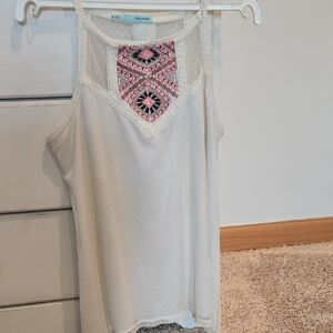 Maurices Cream Tank Top with Pink Embroidery